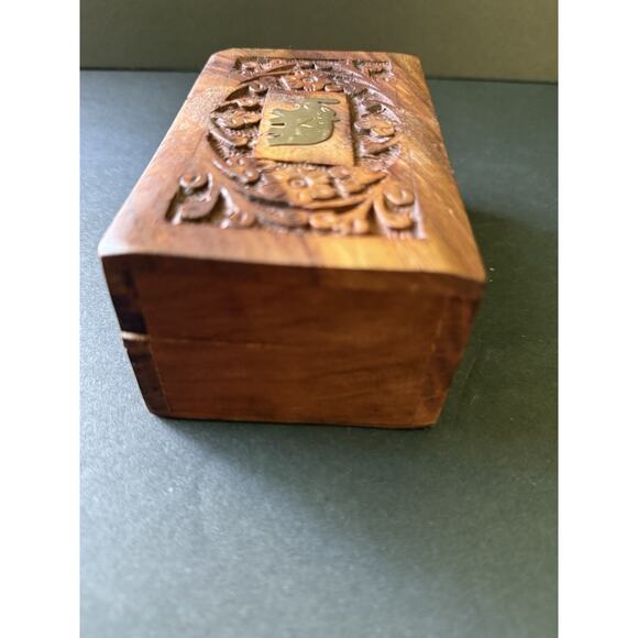 Handcarved Wood Hinged Trinket Box Brass Elephant Inlay Handcrafted Boho - Picture 5 of 7